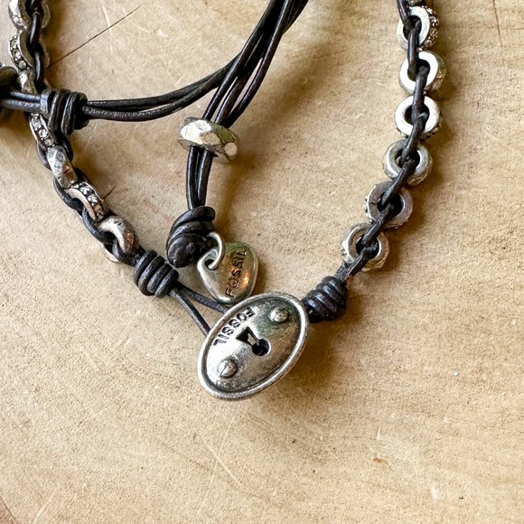 Fossil Brown Leather Cord Bracelets Turquoise Bead Nuts Silver Rhinestone Set - Picture 2 of 3